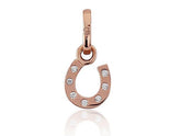 Rose gold colored horseshoe charm with cubic zirconia stones, suitable for adding to charm bracelets or necklaces.